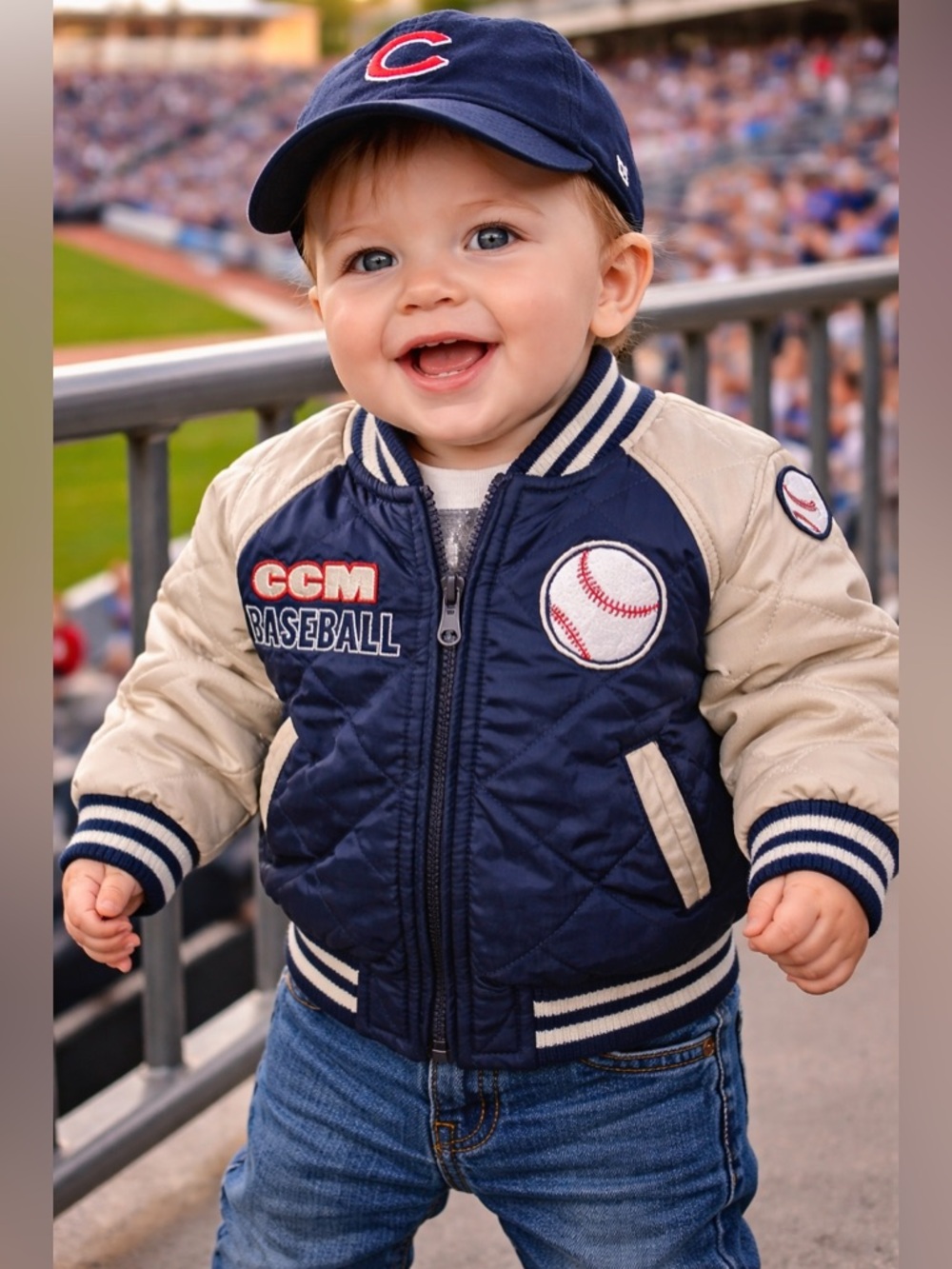 CCM Baby Varsity Bomber Jacket 12M Blue Cream Quilted Vintage Y2K